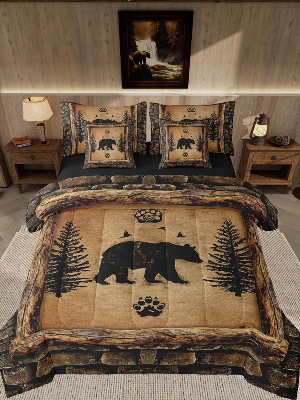 Kids Rustic Bear 7 Piece Bedding Set Queen Size Farmhouse Forest Animal Black Be